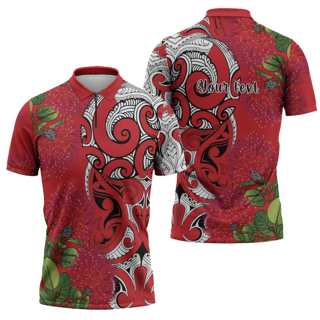 Personalised New Zealand Koru Pohutukawa Zipper Polo Shirt Meri Kirihimete Aroha for Christmas - Polynesian Pride