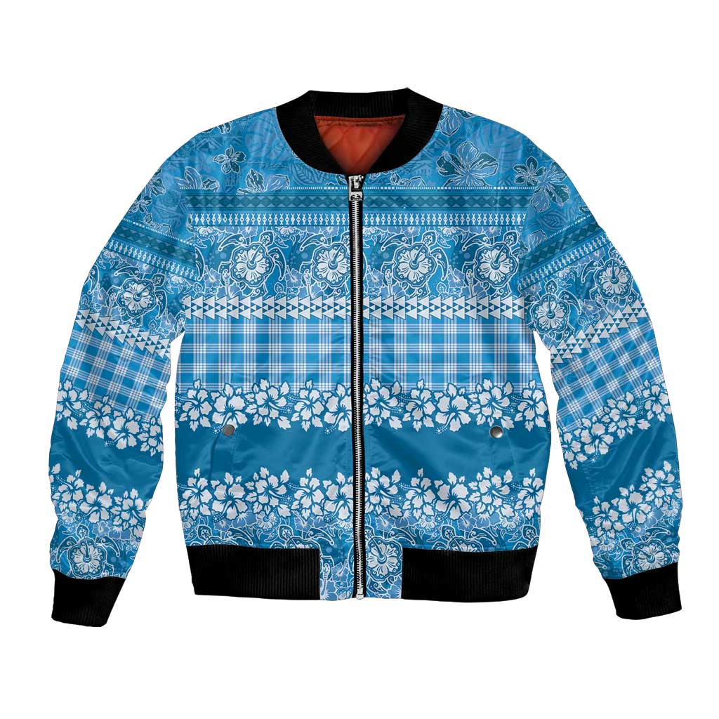 Hawaiian Hibiscus Honu Bomber Jacket Blue Mele Kalikimaka Palaka Spirit - Polynesian Pride