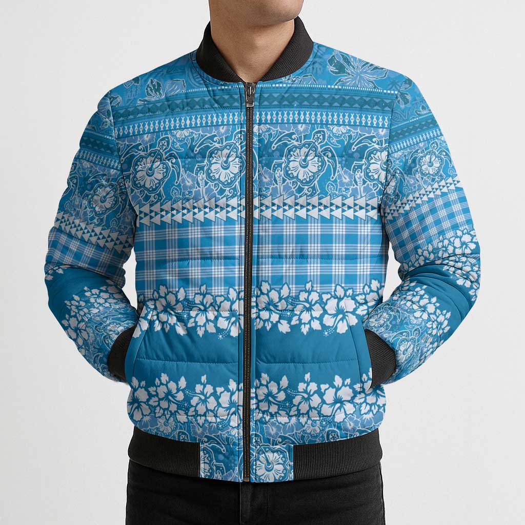 Hawaiian Hibiscus Honu Bomber Puffer Jacket Blue Mele Kalikimaka Palaka Spirit - Polynesian Pride