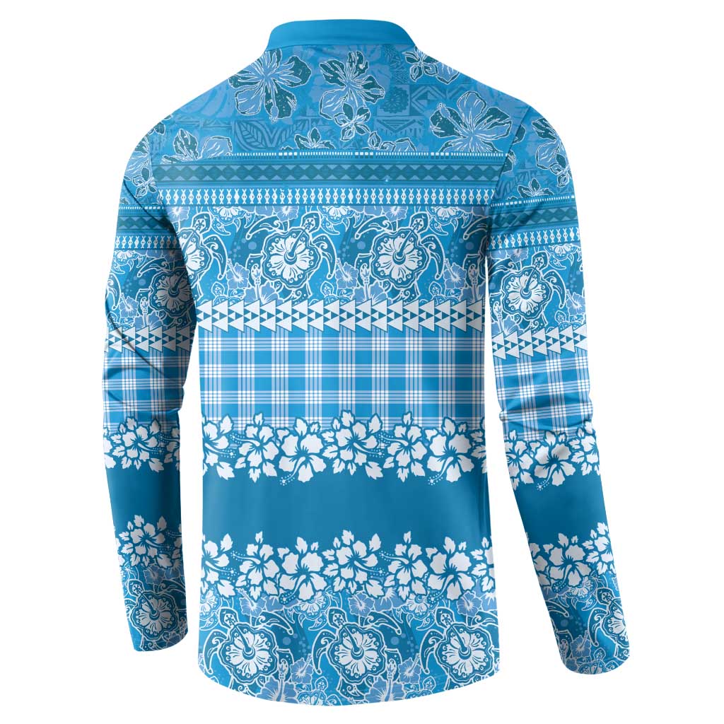 Hawaiian Hibiscus Honu Button Sweatshirt Blue Mele Kalikimaka Palaka Spirit - Polynesian Pride