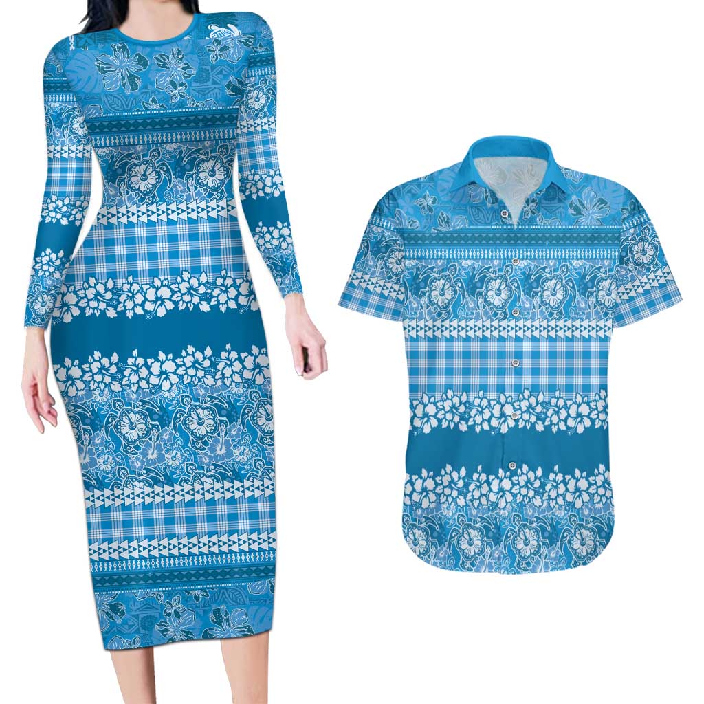 Hawaiian Hibiscus Honu Couples Matching Long Sleeve Bodycon Dress and Hawaiian Shirt Blue Mele Kalikimaka Palaka Spirit - Polynesian Pride