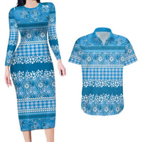 Hawaiian Hibiscus Honu Couples Matching Long Sleeve Bodycon Dress and Hawaiian Shirt Blue Mele Kalikimaka Palaka Spirit LT9 Blue - Polynesian Pride