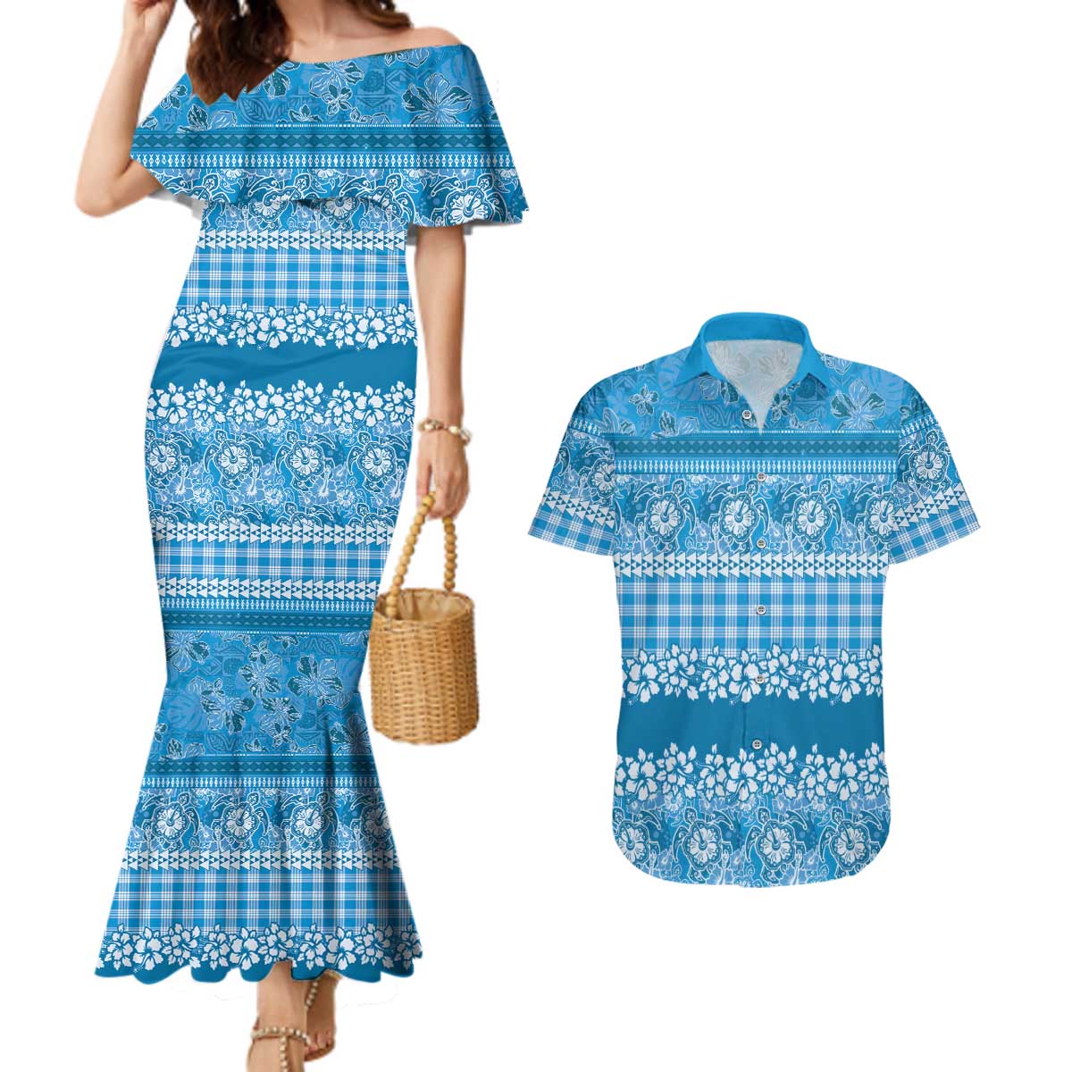 Hawaiian Hibiscus Honu Couples Matching Mermaid Dress and Hawaiian Shirt Blue Mele Kalikimaka Palaka Spirit LT9 Blue - Polynesian Pride