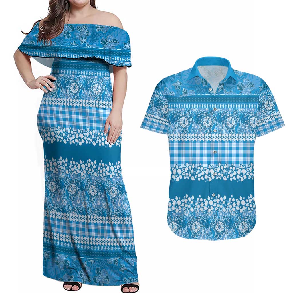 Hawaiian Hibiscus Honu Couples Matching Off Shoulder Maxi Dress and Hawaiian Shirt Blue Mele Kalikimaka Palaka Spirit - Polynesian Pride