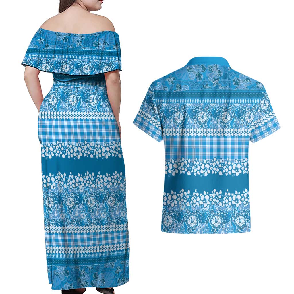 Hawaiian Hibiscus Honu Couples Matching Off Shoulder Maxi Dress and Hawaiian Shirt Blue Mele Kalikimaka Palaka Spirit - Polynesian Pride