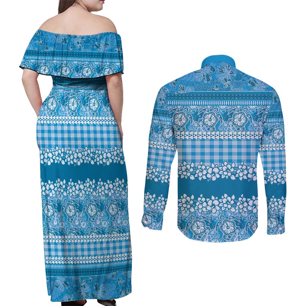 Hawaiian Hibiscus Honu Couples Matching Off Shoulder Maxi Dress and Long Sleeve Button Shirt Blue Mele Kalikimaka Palaka Spirit - Polynesian Pride