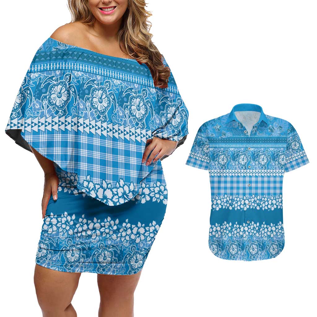 Hawaiian Hibiscus Honu Couples Matching Off Shoulder Short Dress and Hawaiian Shirt Blue Mele Kalikimaka Palaka Spirit - Polynesian Pride