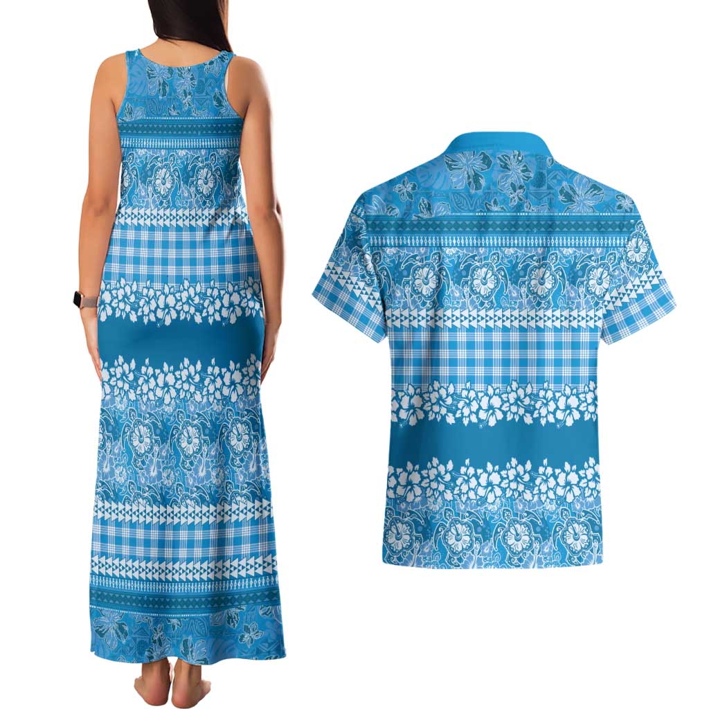 Hawaiian Hibiscus Honu Couples Matching Tank Maxi Dress and Hawaiian Shirt Blue Mele Kalikimaka Palaka Spirit - Polynesian Pride