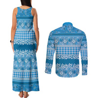 Hawaiian Hibiscus Honu Couples Matching Tank Maxi Dress and Long Sleeve Button Shirt Blue Mele Kalikimaka Palaka Spirit - Polynesian Pride