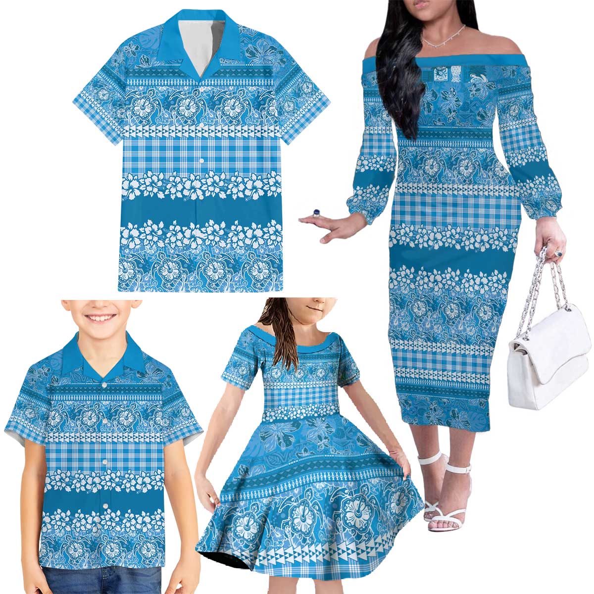 Hawaiian Hibiscus Honu Family Matching Off The Shoulder Long Sleeve Dress and Hawaiian Shirt Blue Mele Kalikimaka Palaka Spirit - Polynesian Pride