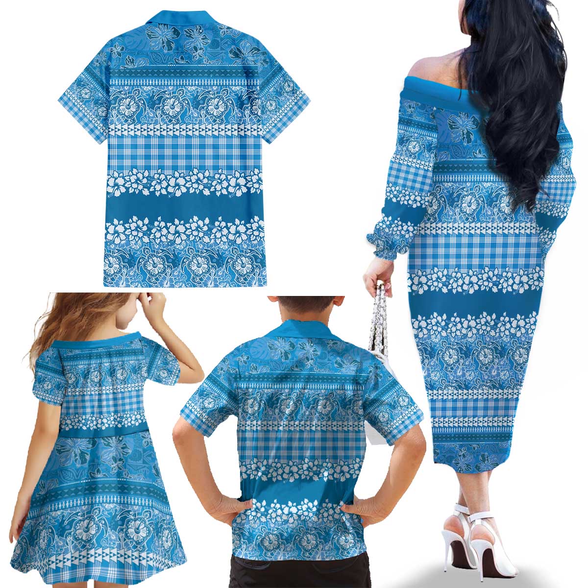 Hawaiian Hibiscus Honu Family Matching Off The Shoulder Long Sleeve Dress and Hawaiian Shirt Blue Mele Kalikimaka Palaka Spirit - Polynesian Pride