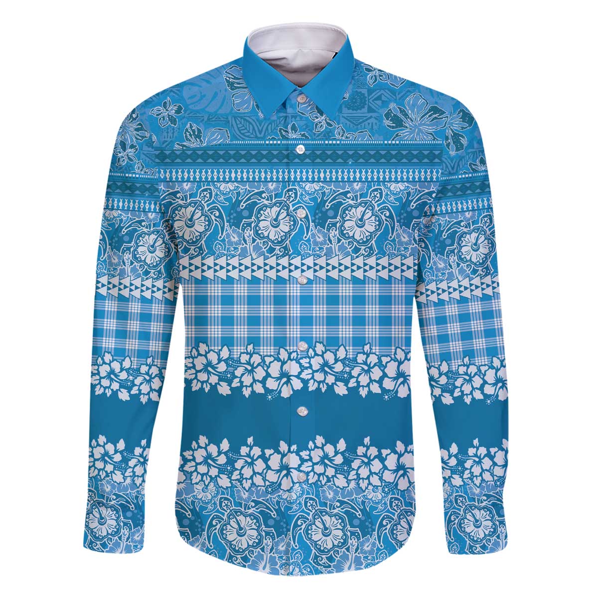 Hawaiian Hibiscus Honu Family Matching Off The Shoulder Long Sleeve Dress and Hawaiian Shirt Blue Mele Kalikimaka Palaka Spirit - Polynesian Pride