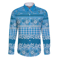 Hawaiian Hibiscus Honu Family Matching Off The Shoulder Long Sleeve Dress and Hawaiian Shirt Blue Mele Kalikimaka Palaka Spirit - Polynesian Pride