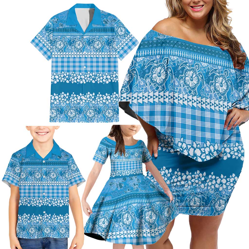 Hawaiian Hibiscus Honu Family Matching Off Shoulder Short Dress and Hawaiian Shirt Blue Mele Kalikimaka Palaka Spirit LT9 - Polynesian Pride
