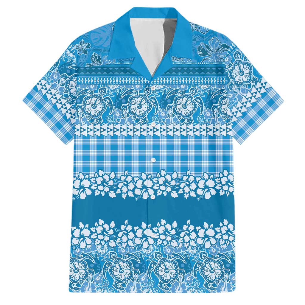 Hawaiian Hibiscus Honu Family Matching Off Shoulder Short Dress and Hawaiian Shirt Blue Mele Kalikimaka Palaka Spirit LT9 Dad's Shirt - Short Sleeve Blue - Polynesian Pride