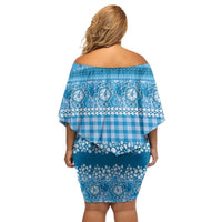 Hawaiian Hibiscus Honu Family Matching Off Shoulder Short Dress and Hawaiian Shirt Blue Mele Kalikimaka Palaka Spirit LT9 - Polynesian Pride