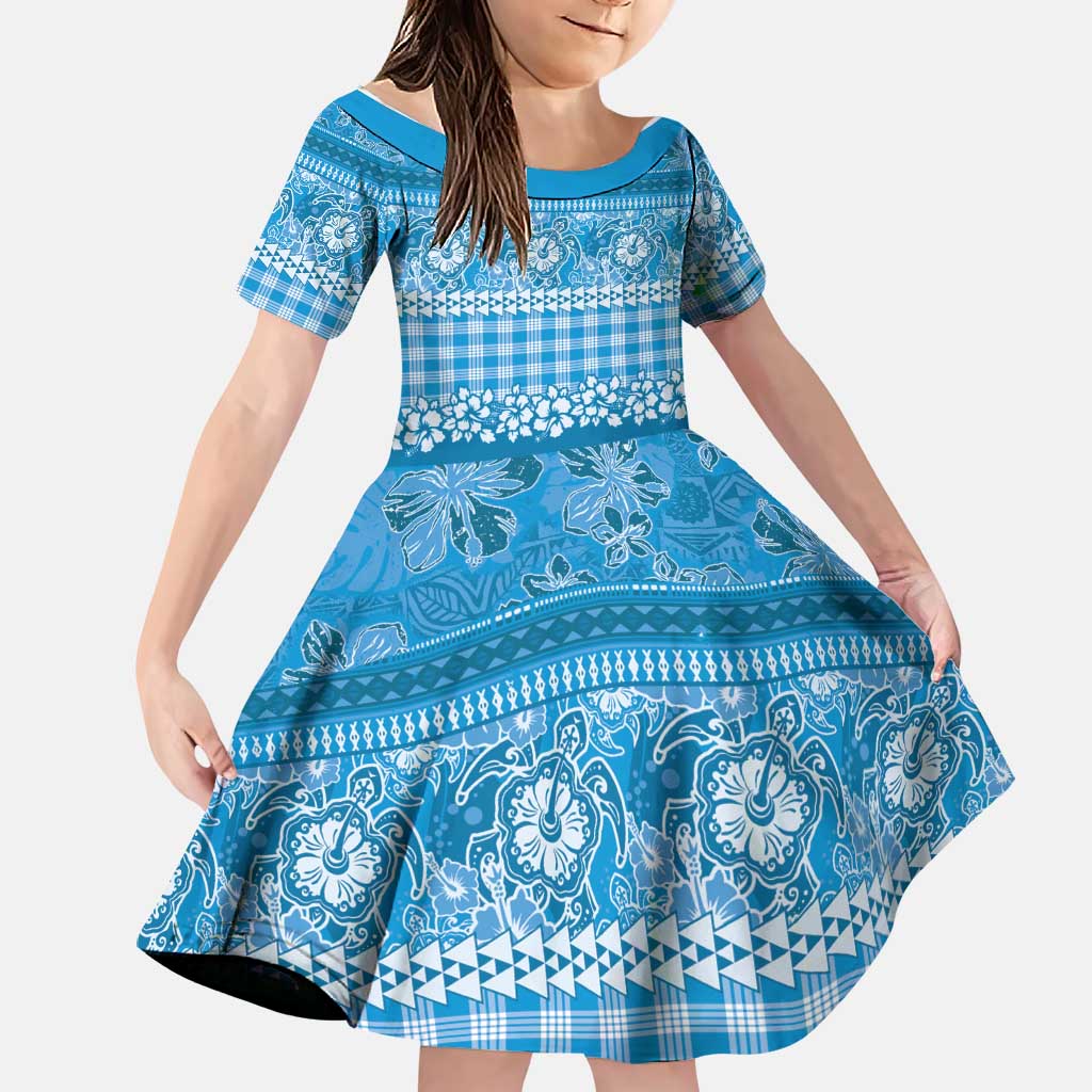 Hawaiian Hibiscus Honu Family Matching Puletasi and Hawaiian Shirt Blue Mele Kalikimaka Palaka Spirit LT9 Daughter's Dress Blue - Polynesian Pride