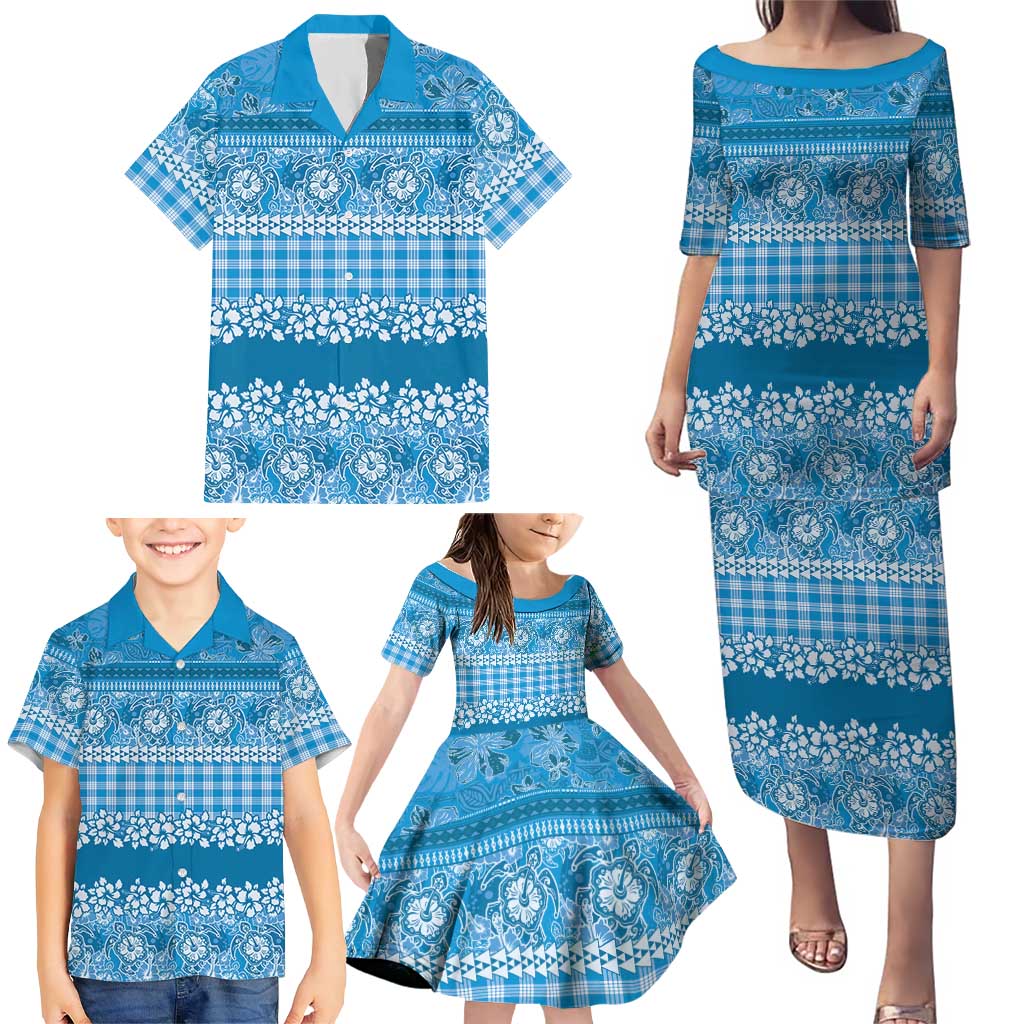 Hawaiian Hibiscus Honu Family Matching Puletasi and Hawaiian Shirt Blue Mele Kalikimaka Palaka Spirit - Polynesian Pride