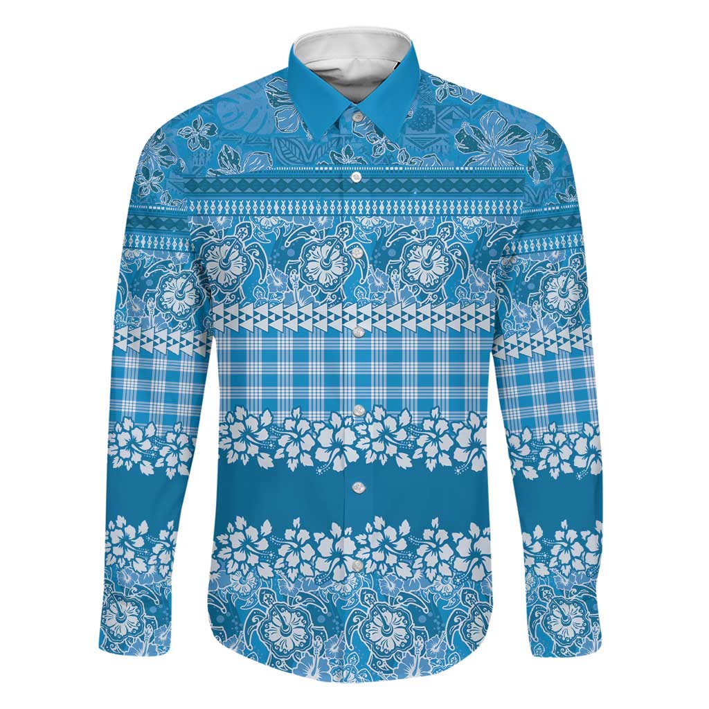 Hawaiian Hibiscus Honu Family Matching Puletasi and Hawaiian Shirt Blue Mele Kalikimaka Palaka Spirit LT9 Dad's Shirt - Long Sleeve Blue - Polynesian Pride