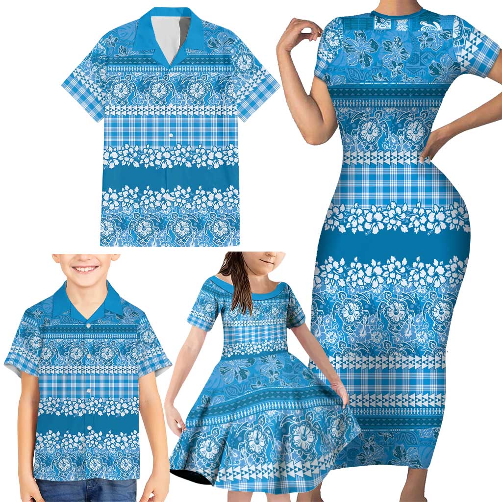 Hawaiian Hibiscus Honu Family Matching Short Sleeve Bodycon Dress and Hawaiian Shirt Blue Mele Kalikimaka Palaka Spirit - Polynesian Pride