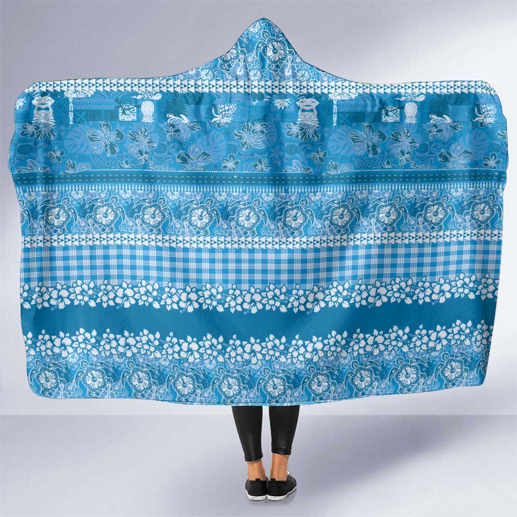 Hawaiian Hibiscus Honu Hooded Blanket Blue Mele Kalikimaka Palaka Spirit - Polynesian Pride