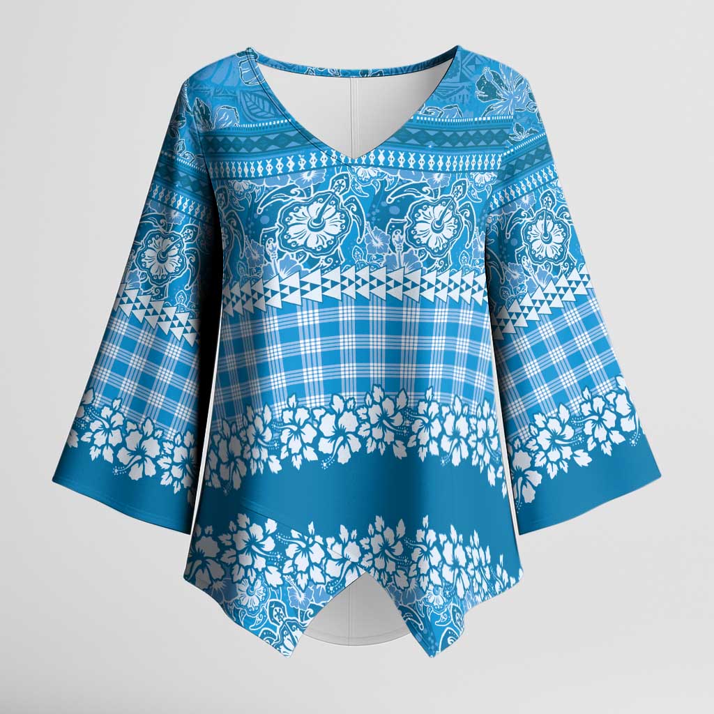 Hawaiian Hibiscus Honu Kimono Sleeve Blouse Blue Mele Kalikimaka Palaka Spirit - Polynesian Pride