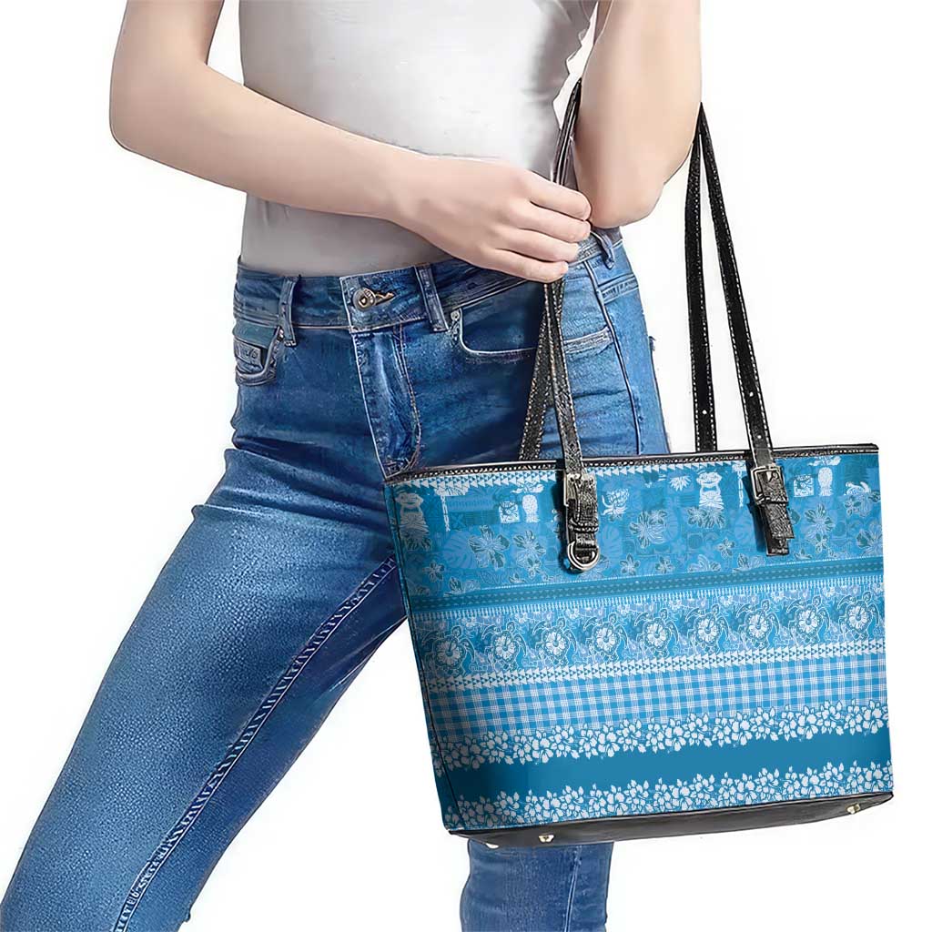 Hawaiian Hibiscus Honu Leather Tote Bag Blue Mele Kalikimaka Palaka Spirit - Polynesian Pride