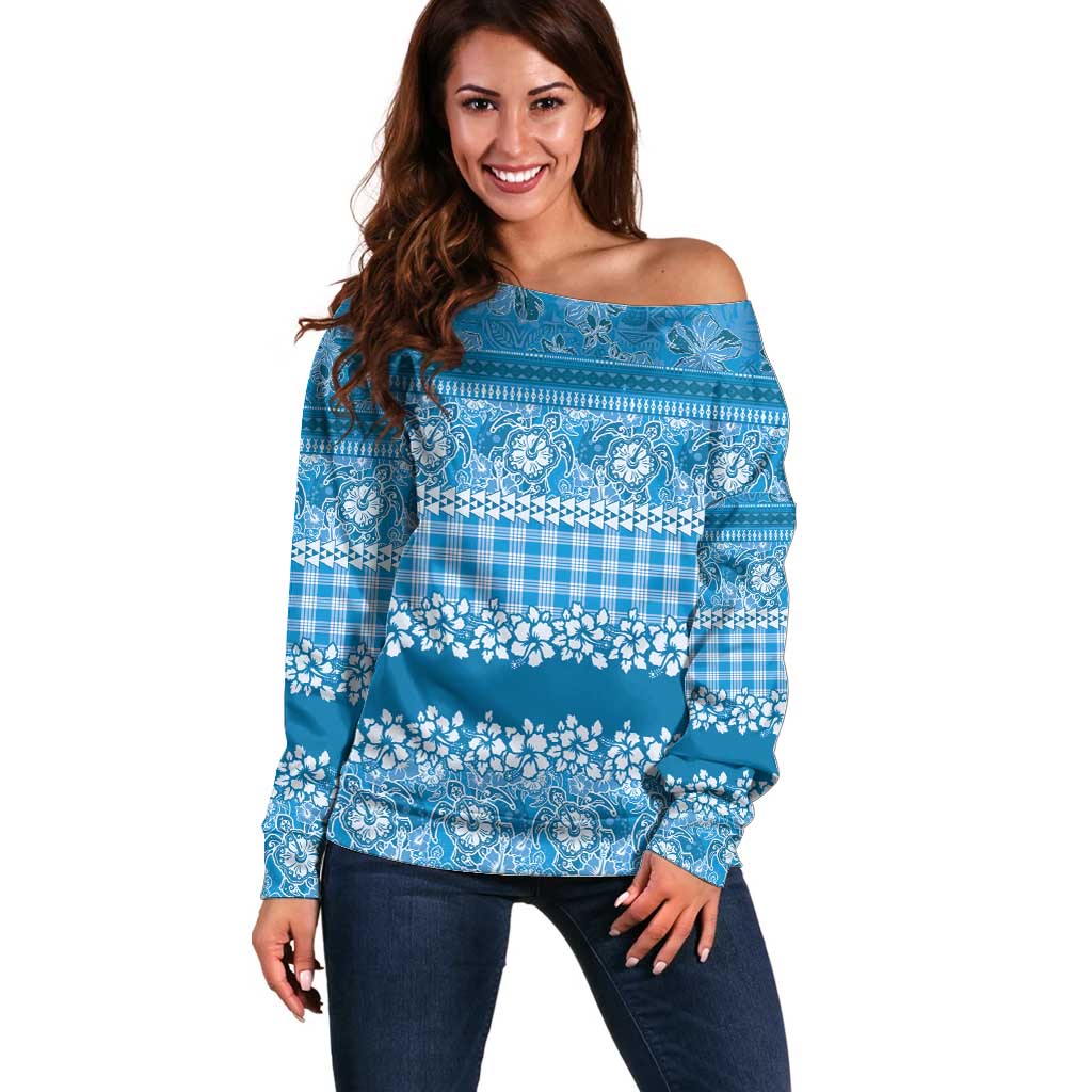 Hawaiian Hibiscus Honu Off Shoulder Sweater Blue Mele Kalikimaka Palaka Spirit - Polynesian Pride