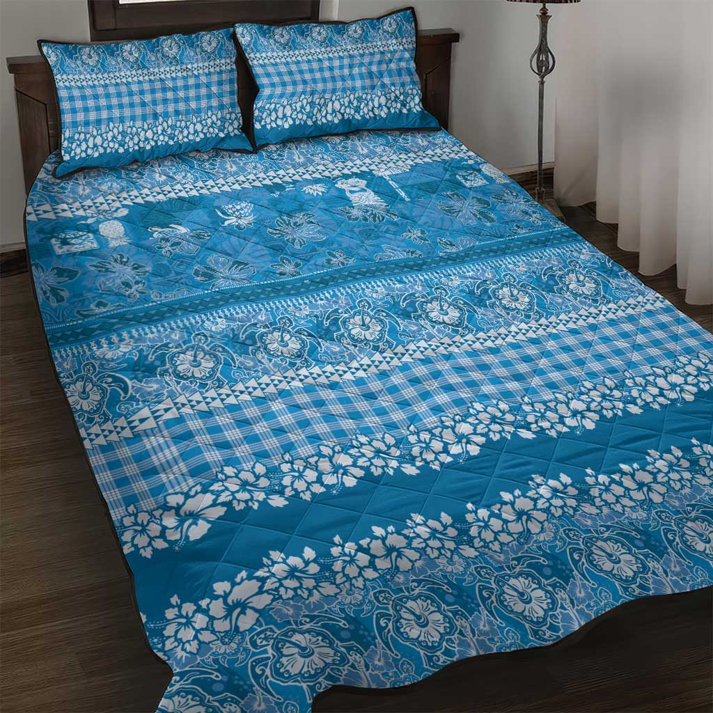 Hawaiian Hibiscus Honu Quilt Bed Set Blue Mele Kalikimaka Palaka Spirit - Polynesian Pride