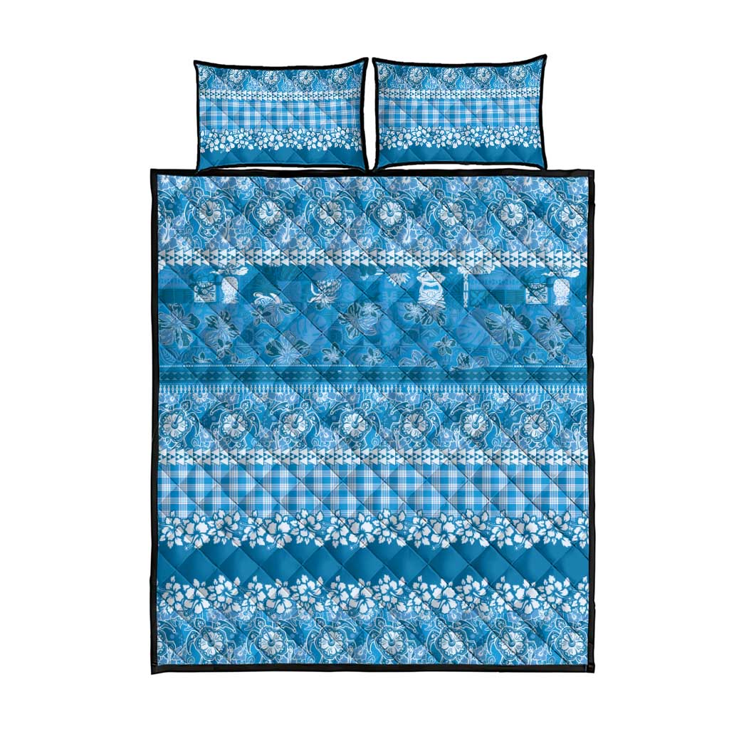 Hawaiian Hibiscus Honu Quilt Bed Set Blue Mele Kalikimaka Palaka Spirit - Polynesian Pride
