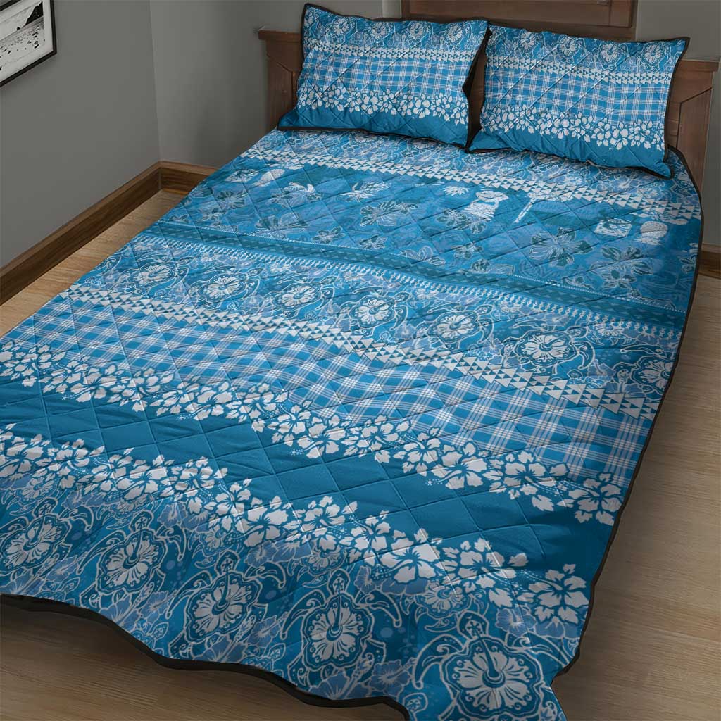 Hawaiian Hibiscus Honu Quilt Bed Set Blue Mele Kalikimaka Palaka Spirit - Polynesian Pride