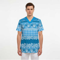 Hawaiian Hibiscus Honu Scrub Top Blue Mele Kalikimaka Palaka Spirit - Polynesian Pride