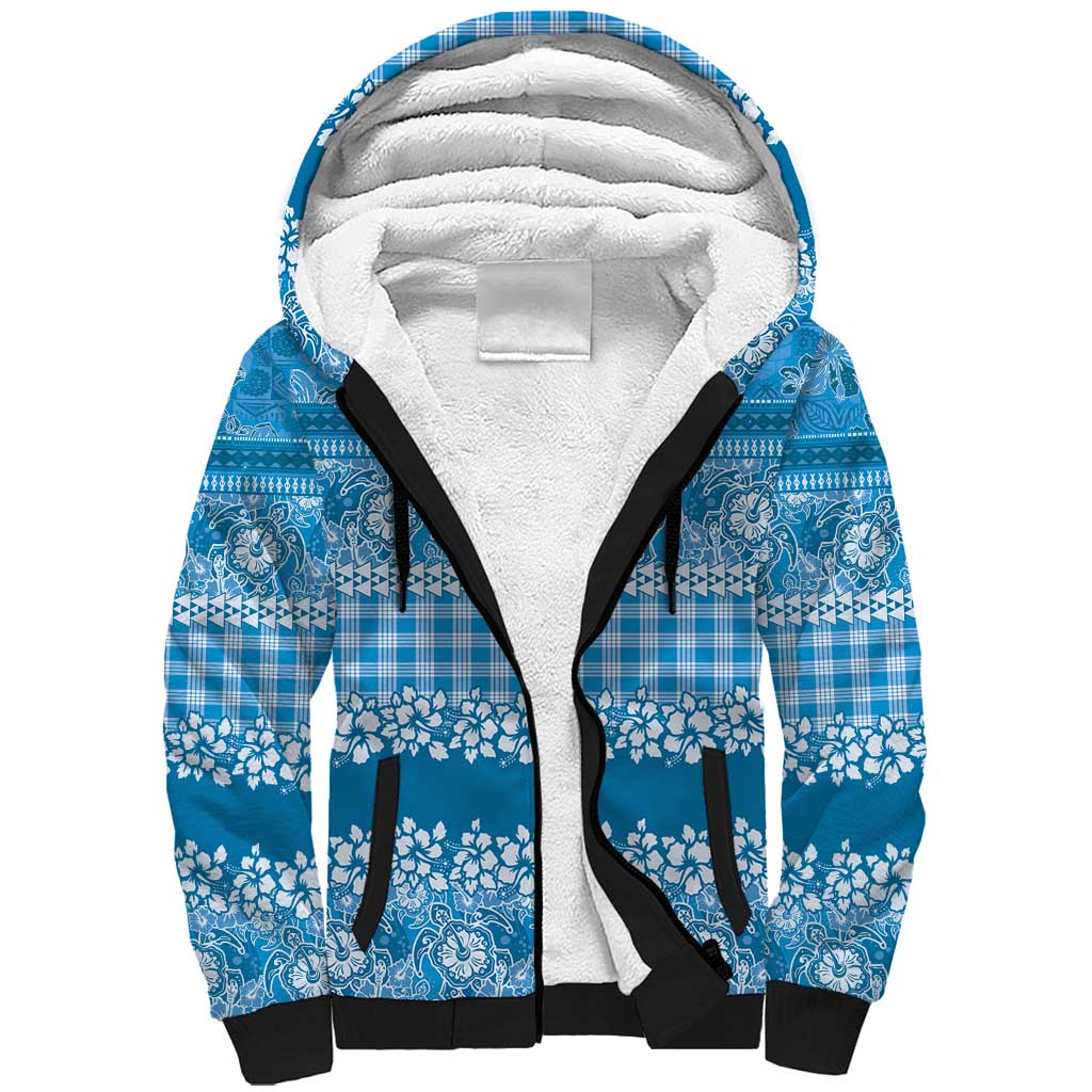Hawaiian Hibiscus Honu Sherpa Hoodie Blue Mele Kalikimaka Palaka Spirit - Polynesian Pride