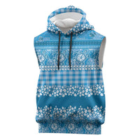 Hawaiian Hibiscus Honu Sleeveless Hoodie Blue Mele Kalikimaka Palaka Spirit - Polynesian Pride