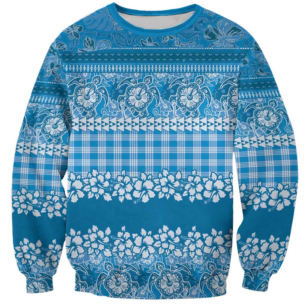 Hawaiian Hibiscus Honu Sweatshirt Blue Mele Kalikimaka Palaka Spirit - Polynesian Pride