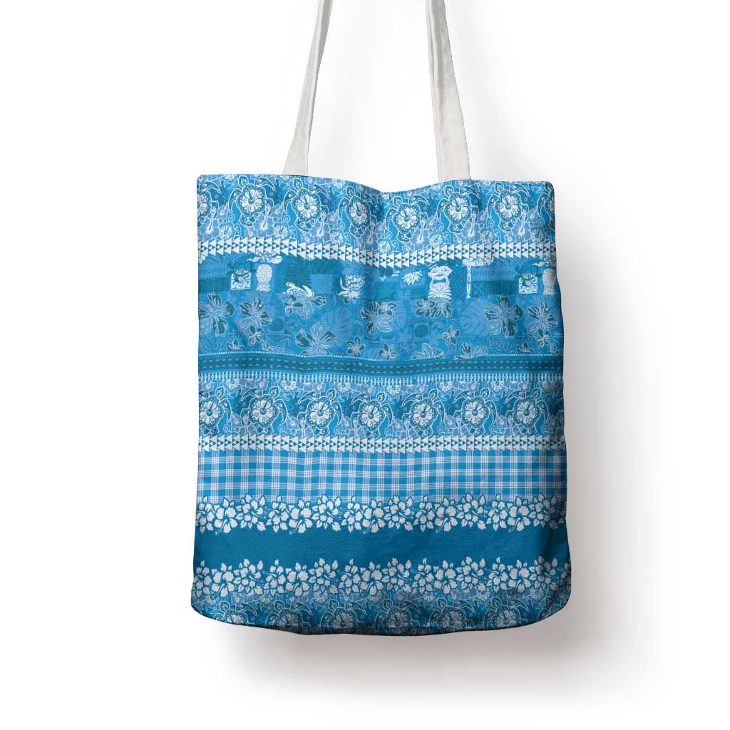 Hawaiian Hibiscus Honu Tote Bag Blue Mele Kalikimaka Palaka Spirit - Polynesian Pride