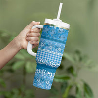 Hawaiian Hibiscus Honu Tumbler With Handle Blue Mele Kalikimaka Palaka Spirit - Polynesian Pride