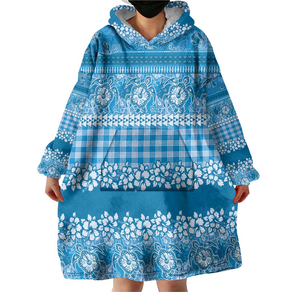 Hawaiian Hibiscus Honu Wearable Blanket Hoodie Blue Mele Kalikimaka Palaka Spirit - Polynesian Pride