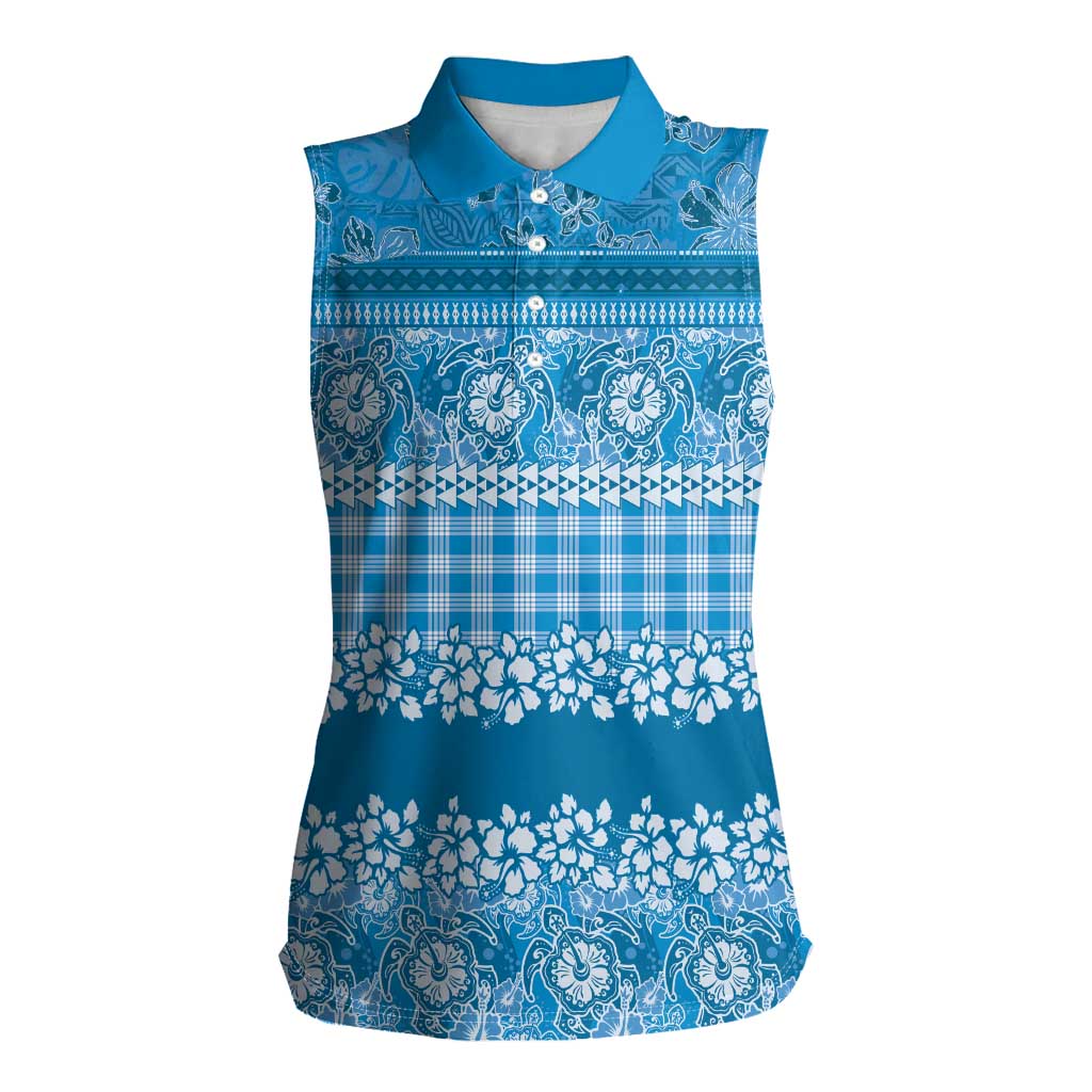 Hawaiian Hibiscus Honu Women Sleeveless Polo Shirt Blue Mele Kalikimaka Palaka Spirit - Polynesian Pride