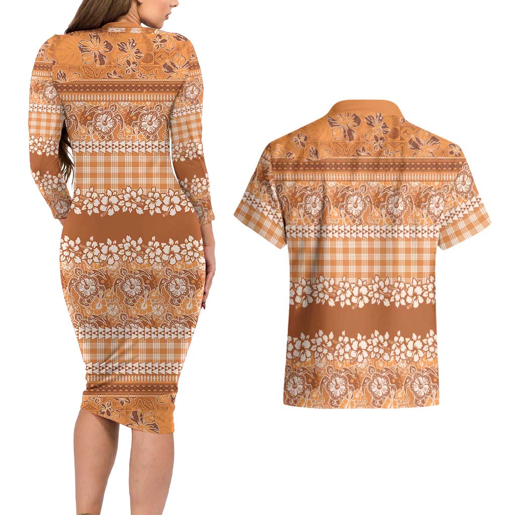Hawaiian Hibiscus Honu Couples Matching Long Sleeve Bodycon Dress and Hawaiian Shirt Gold Mele Kalikimaka Palaka Spirit LT9 - Polynesian Pride