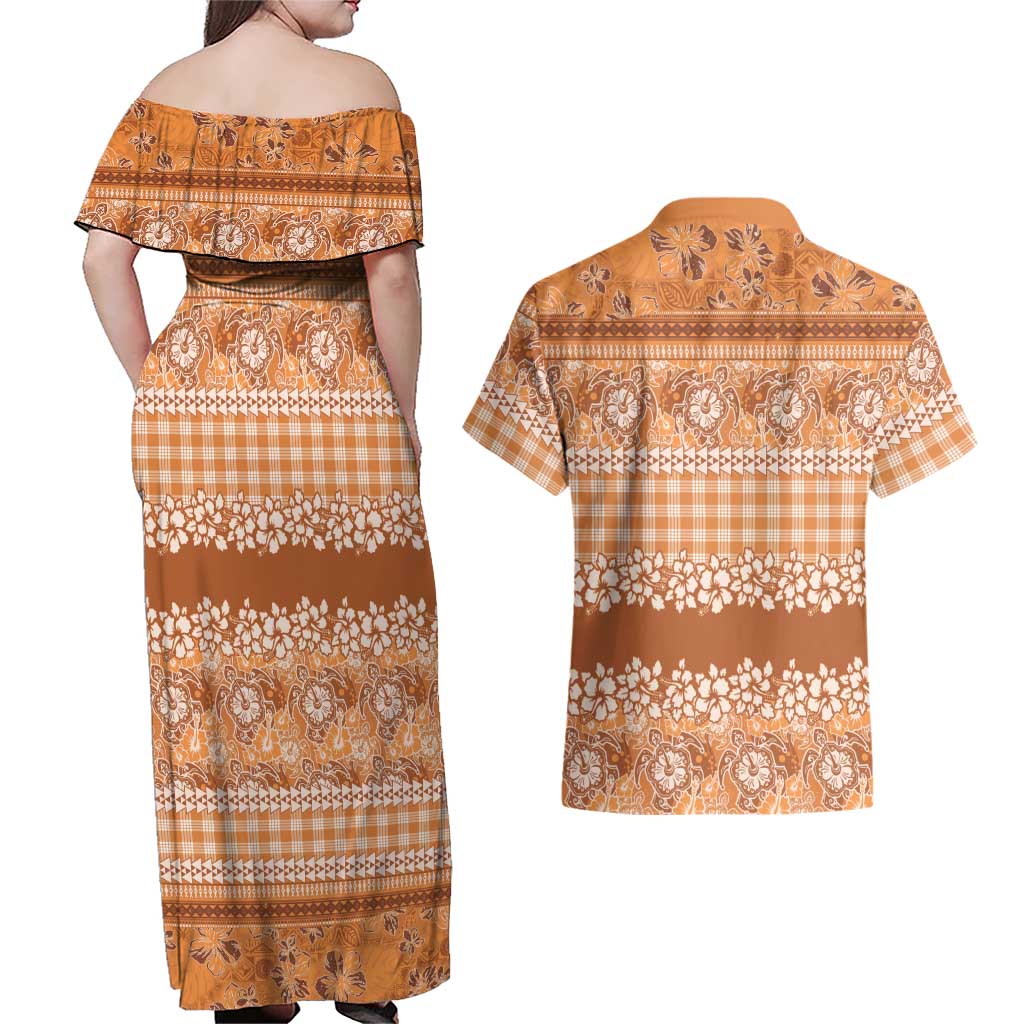 Hawaiian Hibiscus Honu Couples Matching Off Shoulder Maxi Dress and Hawaiian Shirt Gold Mele Kalikimaka Palaka Spirit - Polynesian Pride