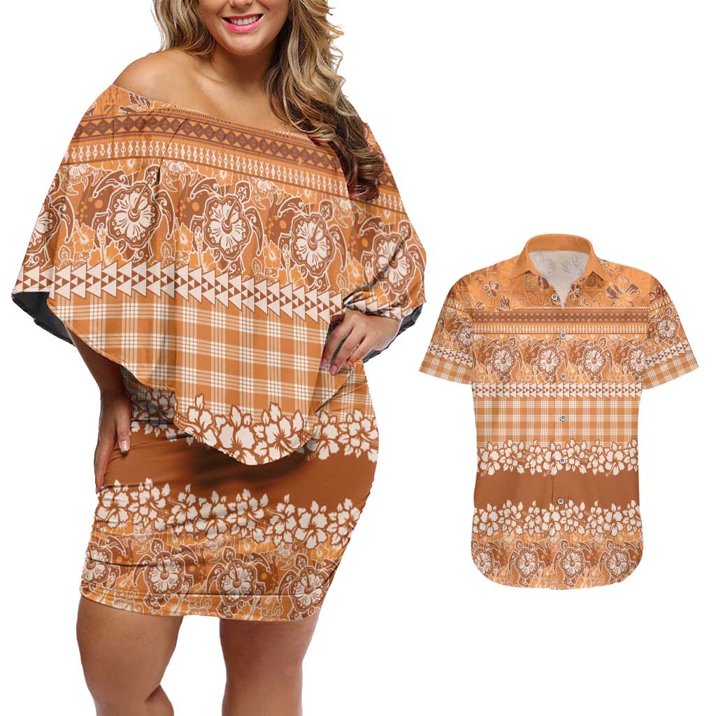 Hawaiian Hibiscus Honu Couples Matching Off Shoulder Short Dress and Hawaiian Shirt Gold Mele Kalikimaka Palaka Spirit - Polynesian Pride