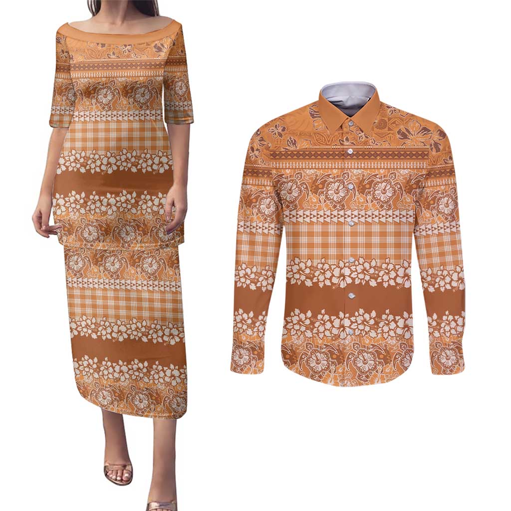 Hawaiian Hibiscus Honu Couples Matching Puletasi and Long Sleeve Button Shirt Gold Mele Kalikimaka Palaka Spirit - Polynesian Pride