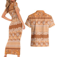 Hawaiian Hibiscus Honu Couples Matching Short Sleeve Bodycon Dress and Hawaiian Shirt Gold Mele Kalikimaka Palaka Spirit LT9 - Polynesian Pride