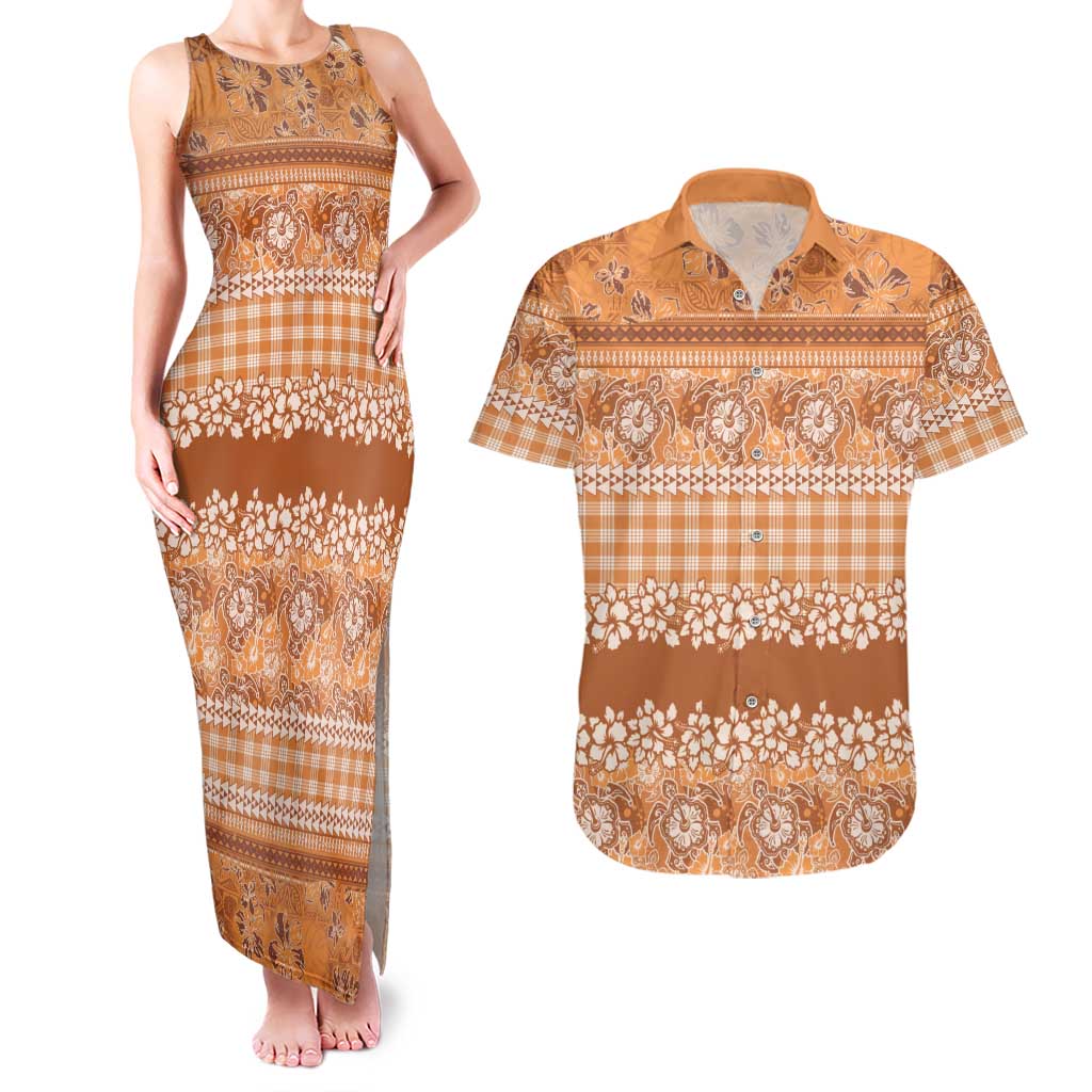 Hawaiian Hibiscus Honu Couples Matching Tank Maxi Dress and Hawaiian Shirt Gold Mele Kalikimaka Palaka Spirit - Polynesian Pride