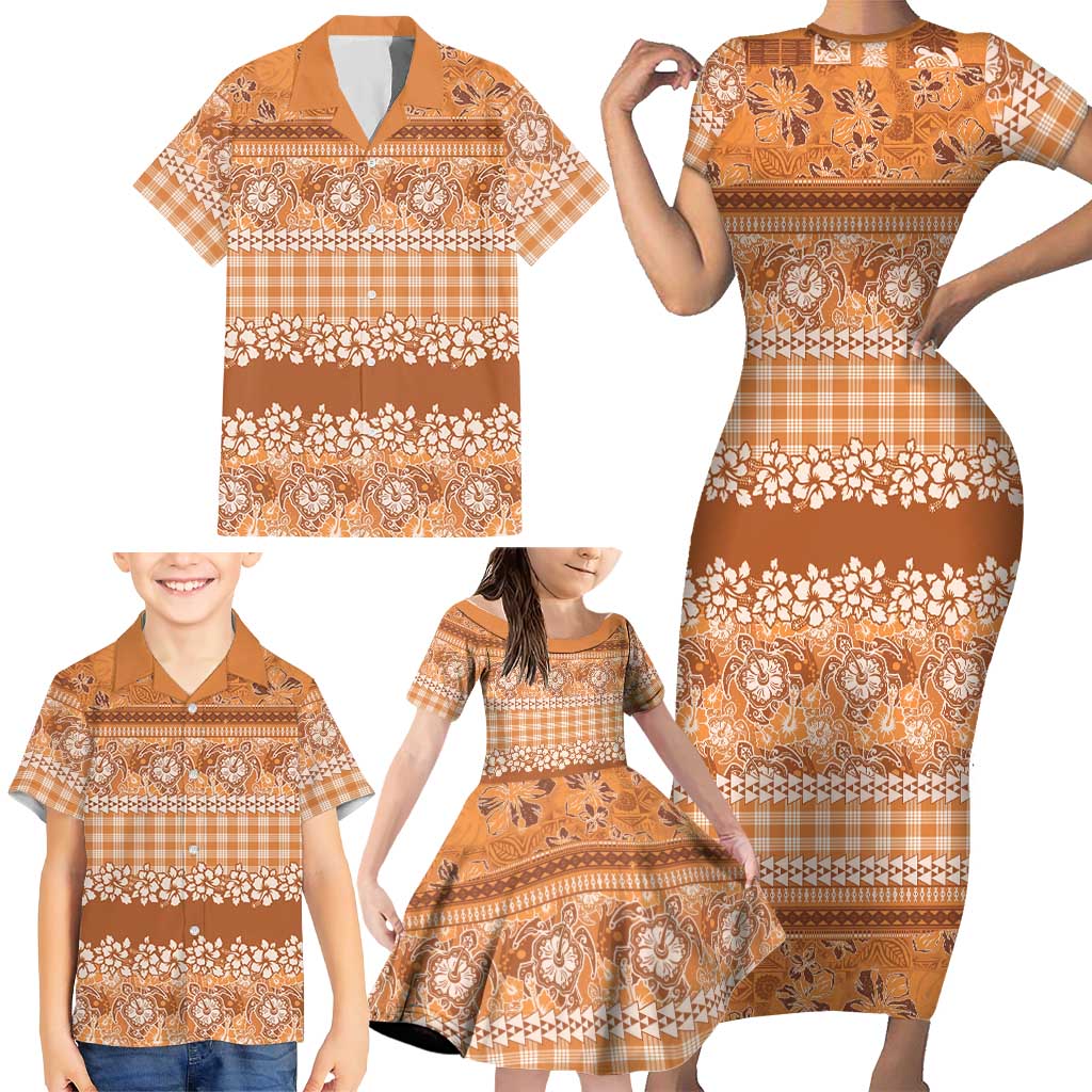 Hawaiian Hibiscus Honu Family Matching Short Sleeve Bodycon Dress and Hawaiian Shirt Gold Mele Kalikimaka Palaka Spirit - Polynesian Pride