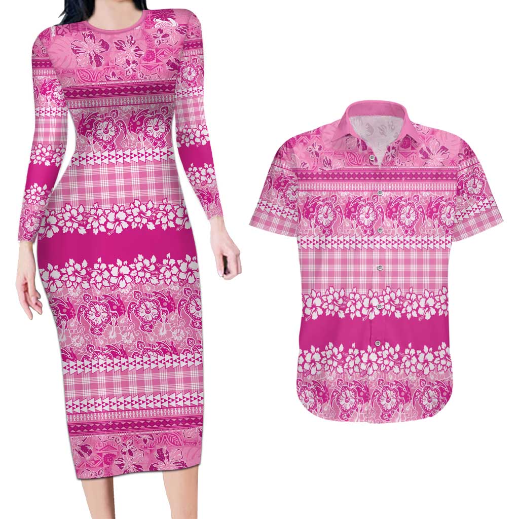 Hawaiian Hibiscus Honu Couples Matching Long Sleeve Bodycon Dress and Hawaiian Shirt Pink Mele Kalikimaka Palaka Spirit - Polynesian Pride