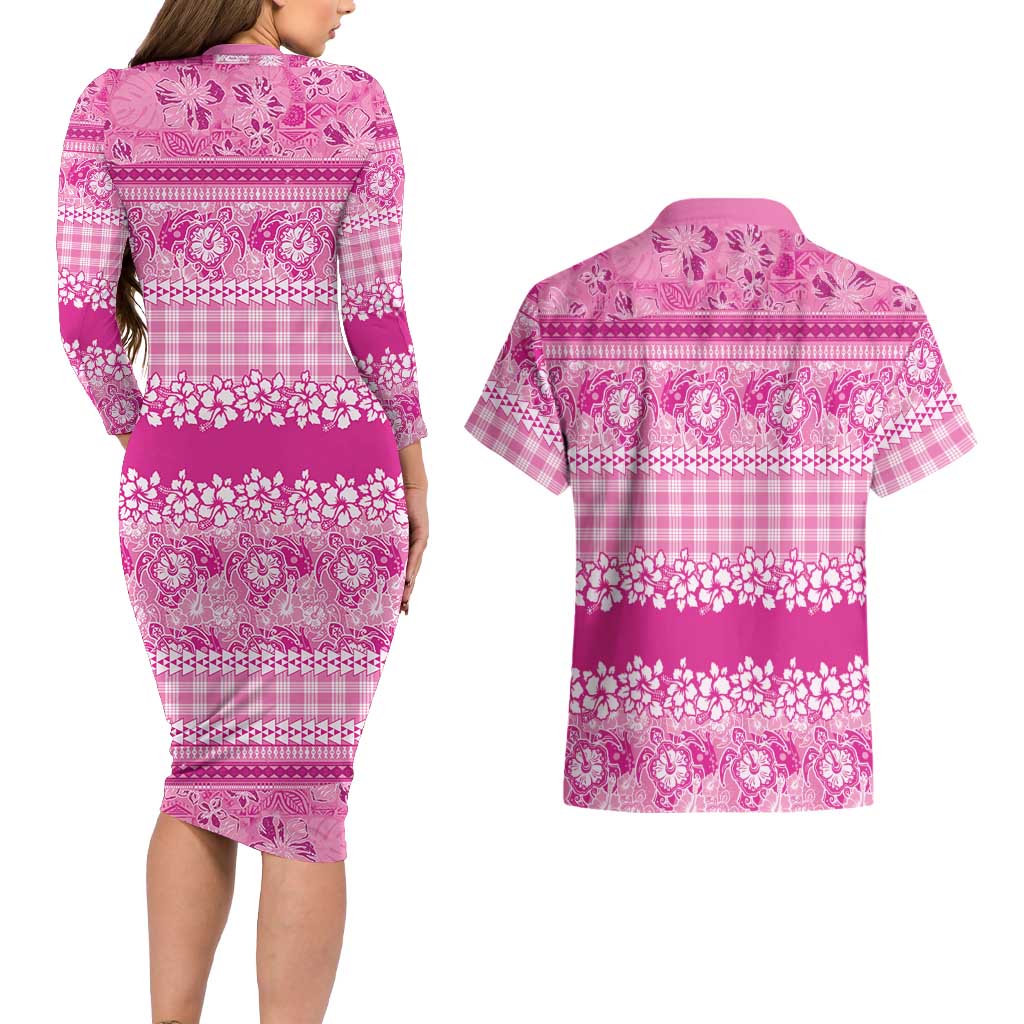 Hawaiian Hibiscus Honu Couples Matching Long Sleeve Bodycon Dress and Hawaiian Shirt Pink Mele Kalikimaka Palaka Spirit LT9 - Polynesian Pride