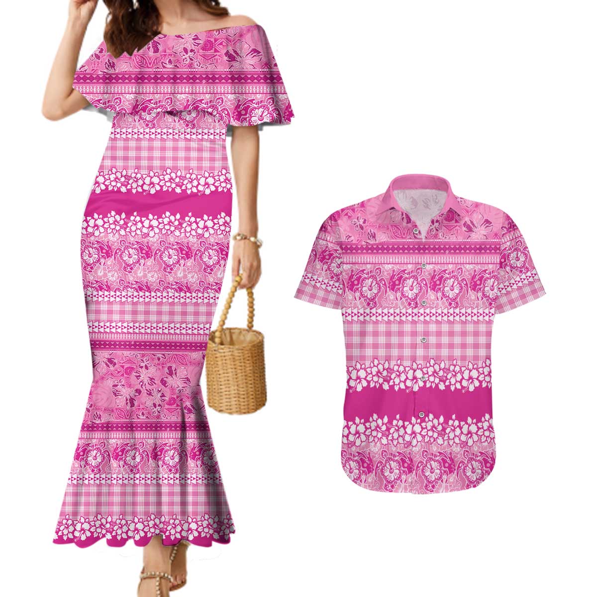 Hawaiian Hibiscus Honu Couples Matching Mermaid Dress and Hawaiian Shirt Pink Mele Kalikimaka Palaka Spirit - Polynesian Pride