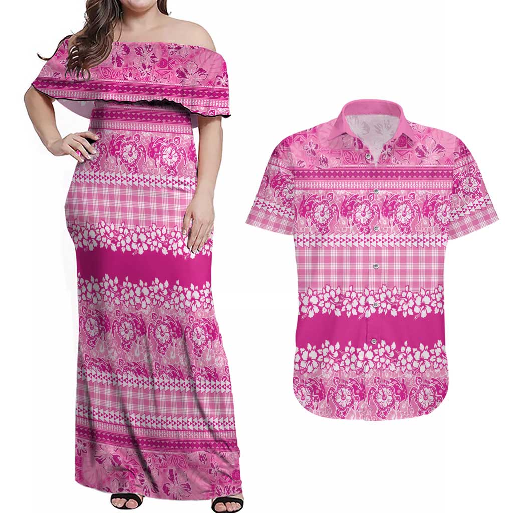 Hawaiian Hibiscus Honu Couples Matching Off Shoulder Maxi Dress and Hawaiian Shirt Pink Mele Kalikimaka Palaka Spirit - Polynesian Pride